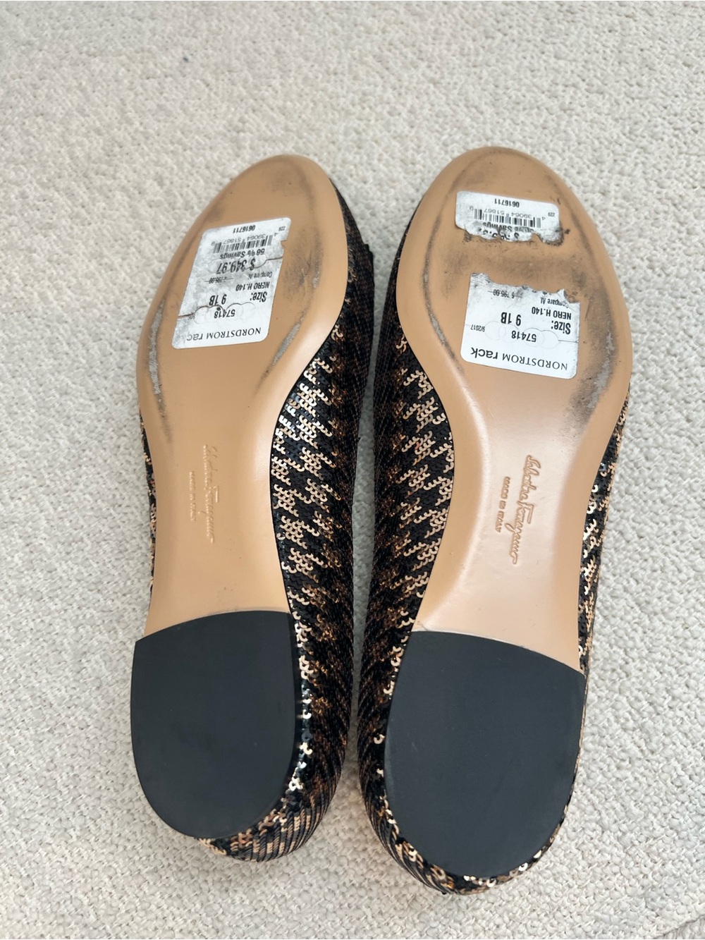 Salvatore Ferragamo Black & Gold Sequin Vara Bow Flats - Picture 3 of 3